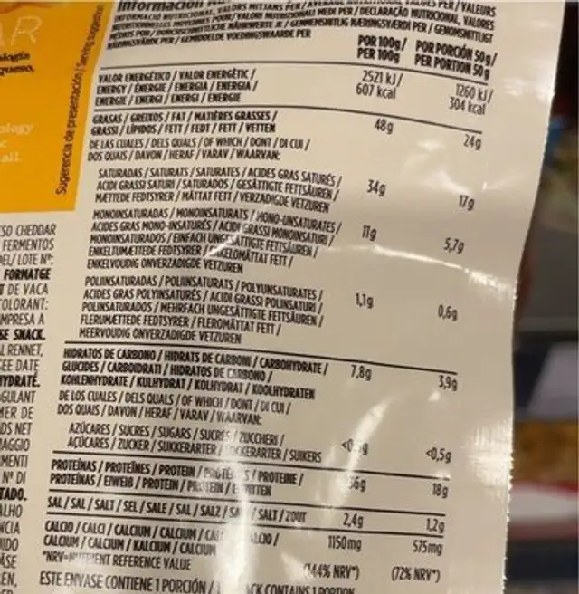 Just this just cheese nutrition facts table