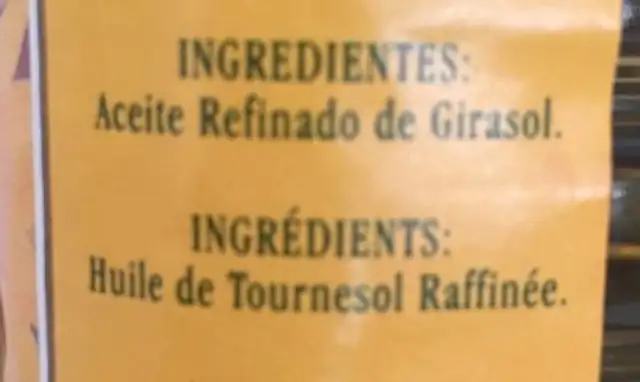 Huile de tournesol ingredients label