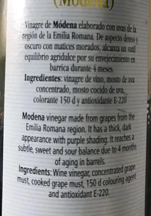 Vinaigre balsamique de Modena ingredients label