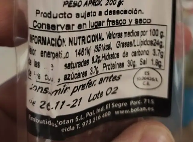 Secallona de Payes nutrition facts table