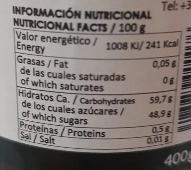 Mermelada nutrition facts table