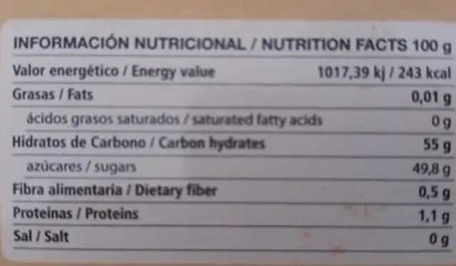 Membrillo artesano nutrition facts table