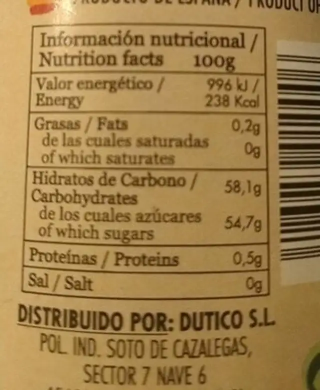 Mermelada extra de frambuesa nutrition facts table
