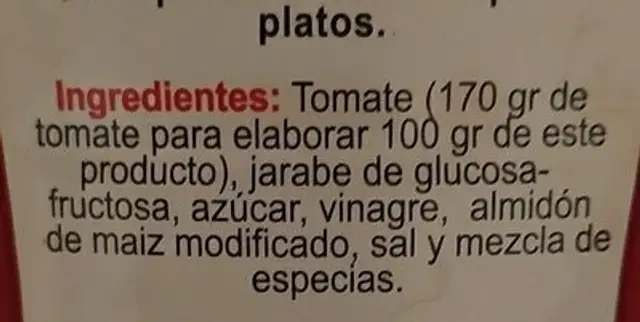 Ketchup ingredients label