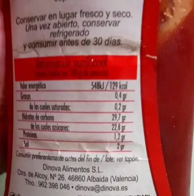 Ketchup nutrition facts table
