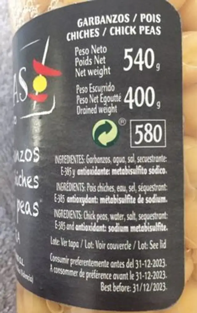 Poix chiches ingredients label