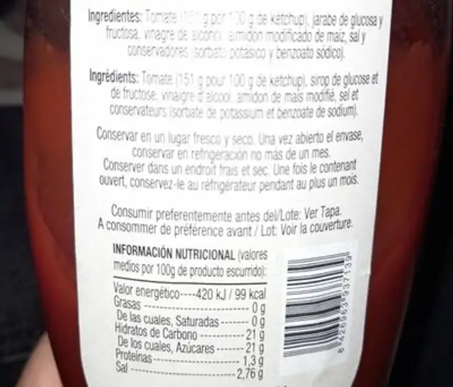 Ketchup nutrition facts table
