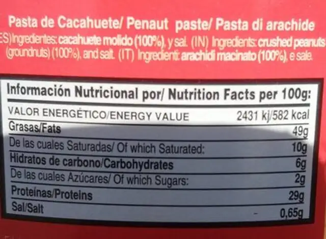 Nativo pasta de maní nutrition facts table