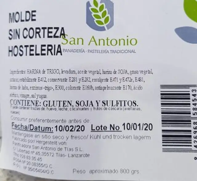 Molde sin corteza nutrition facts table