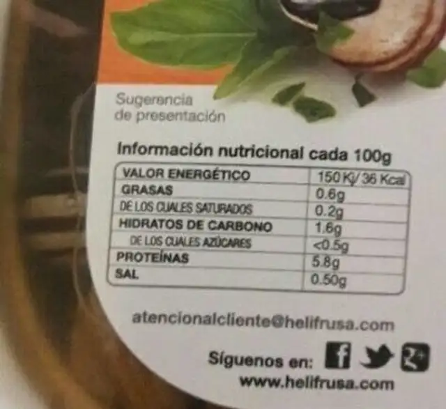 Caracoles nutrition facts table