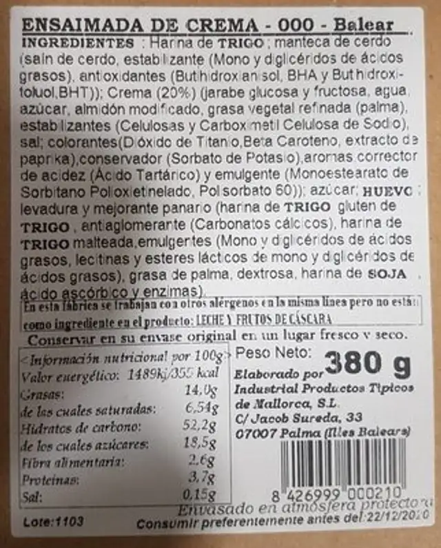 Ensaimada de crema nutrition facts table