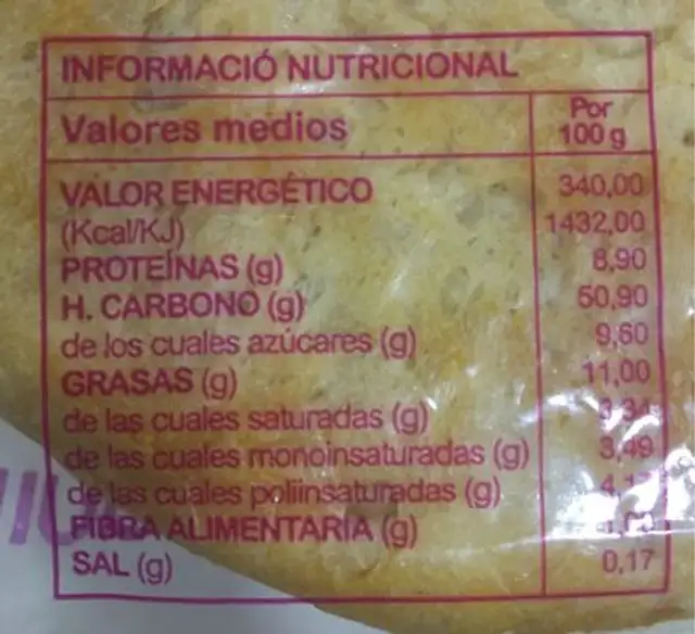 Coca de patata nutrition facts table
