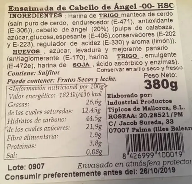 Ensaimada cabello de angel nutrition facts table