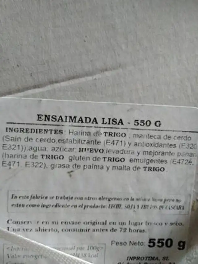 Ensaimada trasicional ingredients label