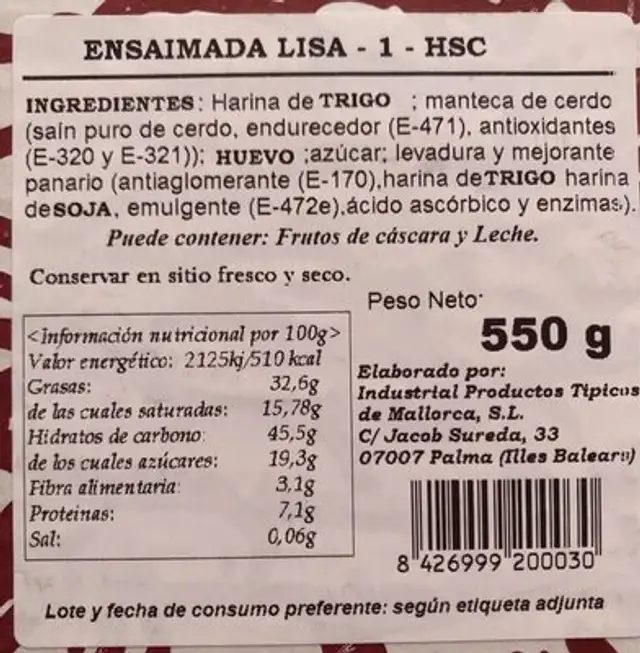 Ensaimada trasicional nutrition facts table