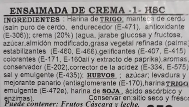 Ensaimada de Crema ingredients label