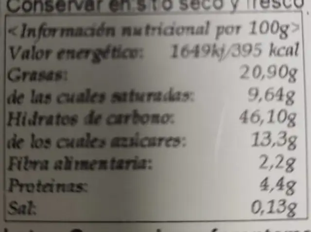 Ensaimada nutrition facts table