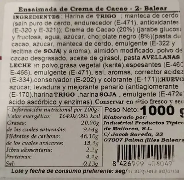 Ensaïmada tradicional nutrition facts table