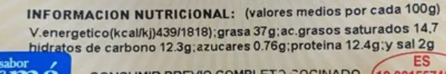 Morcilla casera nutrition facts table