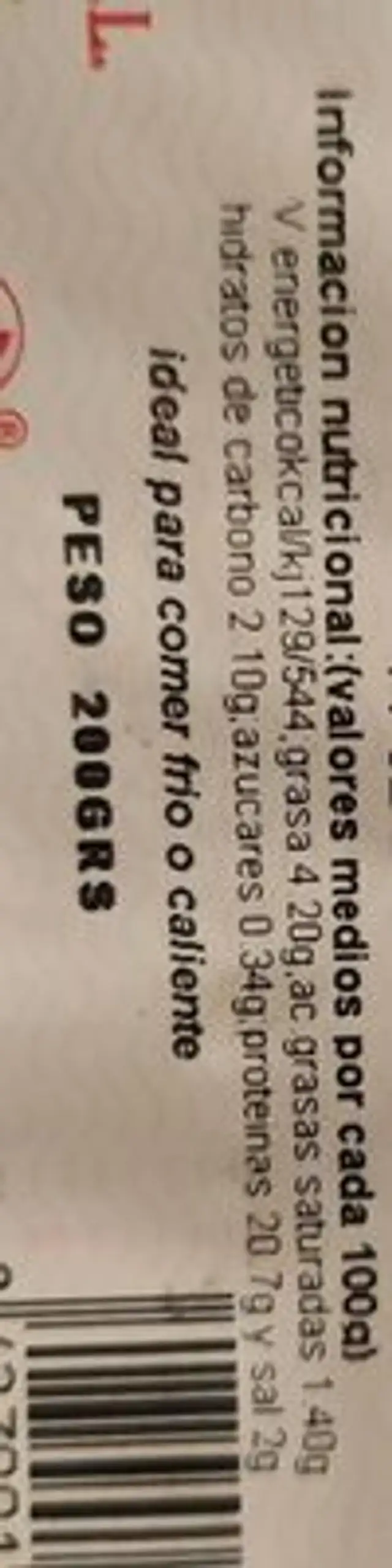 Filete de lomo a la pimienta nutrition facts table