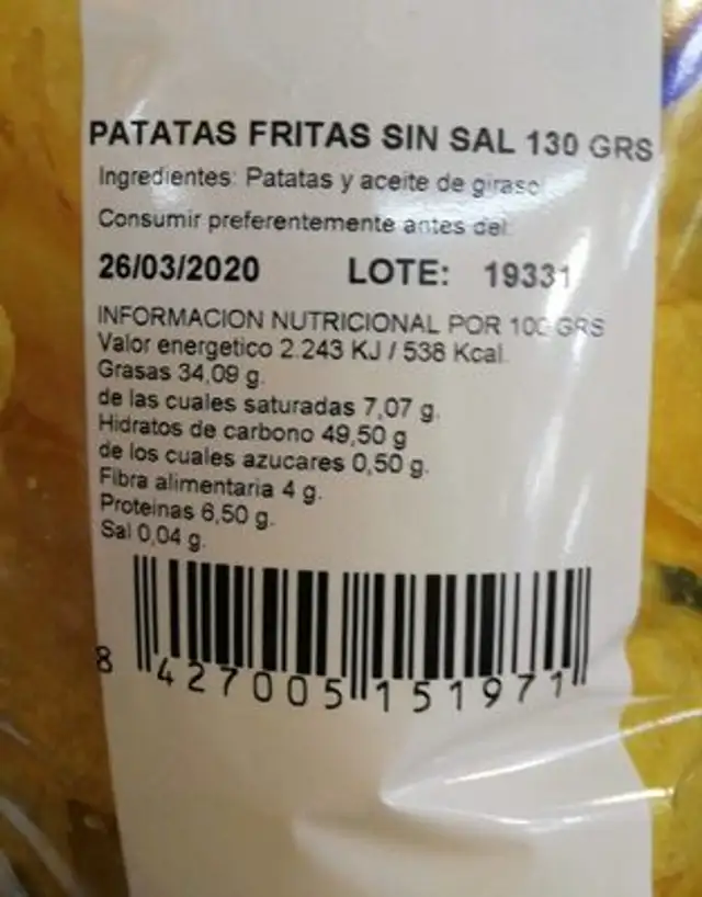 Patatas fritas sin sal nutrition facts table