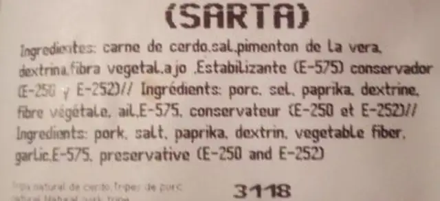 Chorizo dulce ingredients label