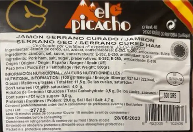 Jambon serrano curado nutrition facts table