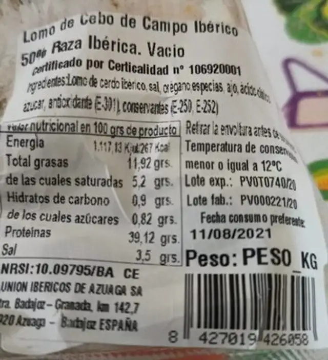Lomo de cebo de campo iberico nutrition facts table