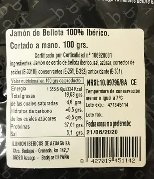JAMON DE BELLOTA 100% RI nutrition facts table