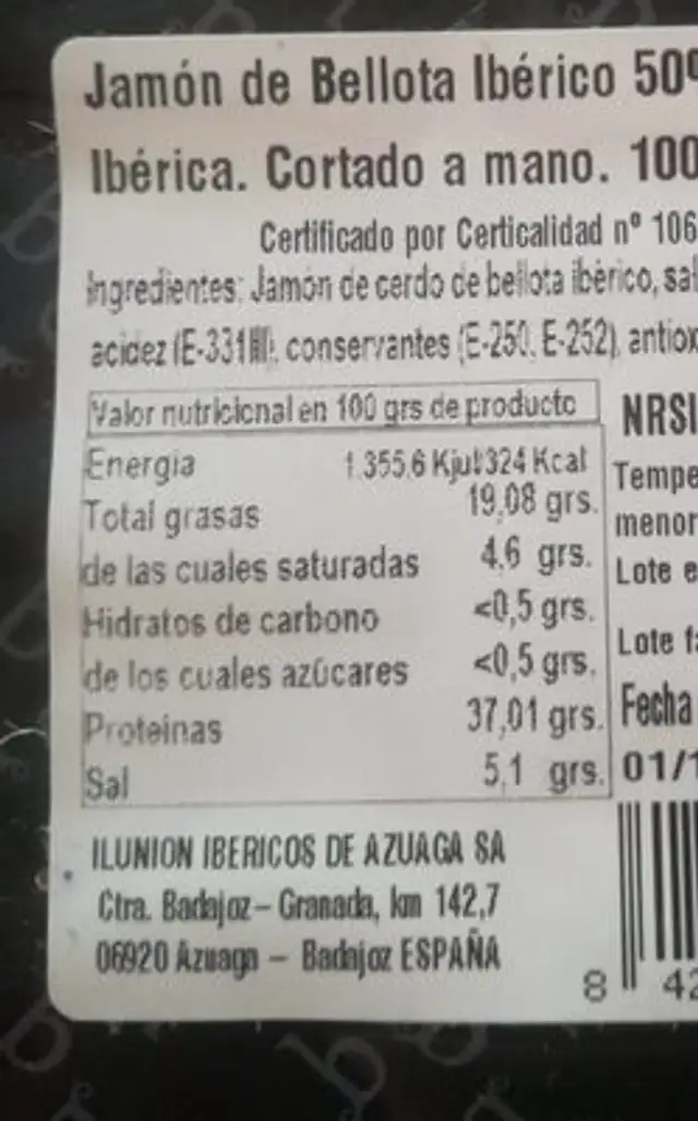 Jamón de bellota ibérico nutrition facts table