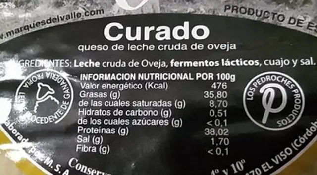 Queso curado nutrition facts table