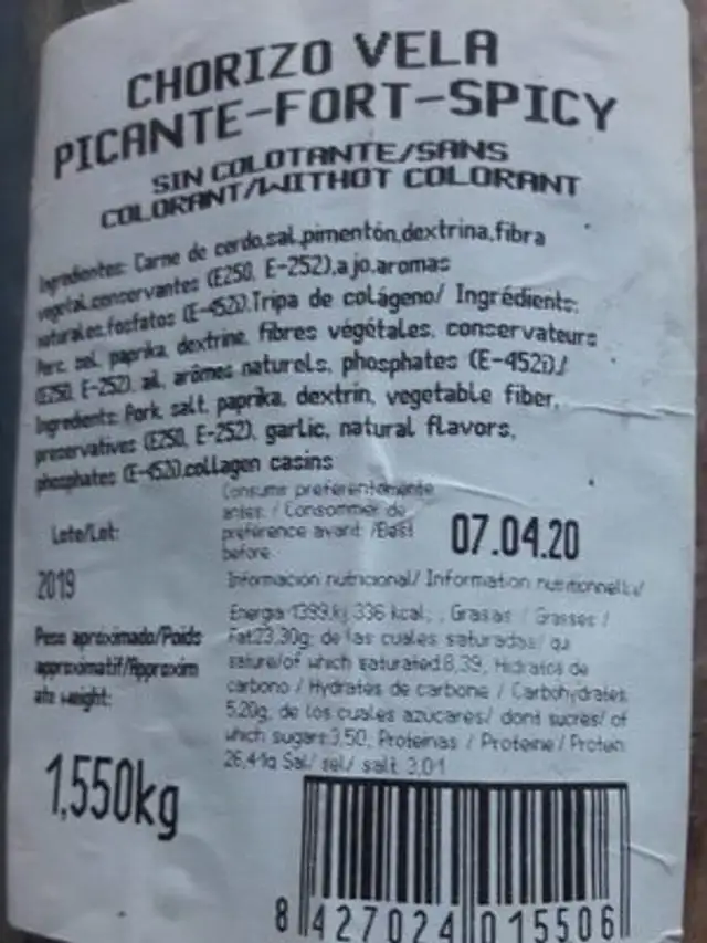 Chorizo vela nutrition facts table
