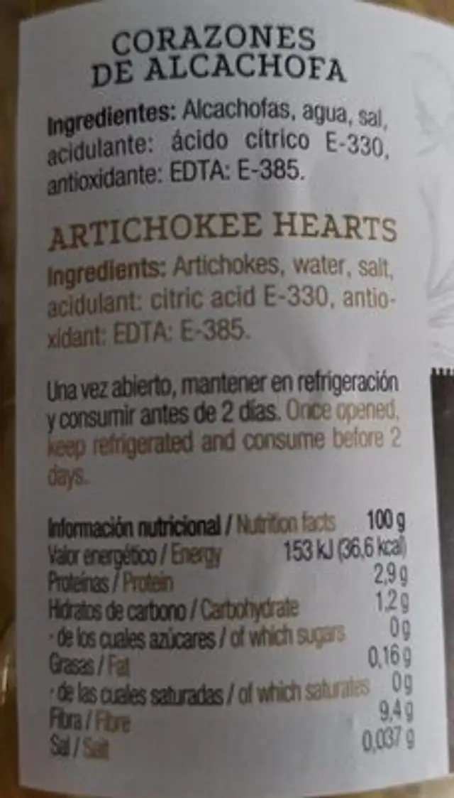 Corazones alcachofa nutrition facts table