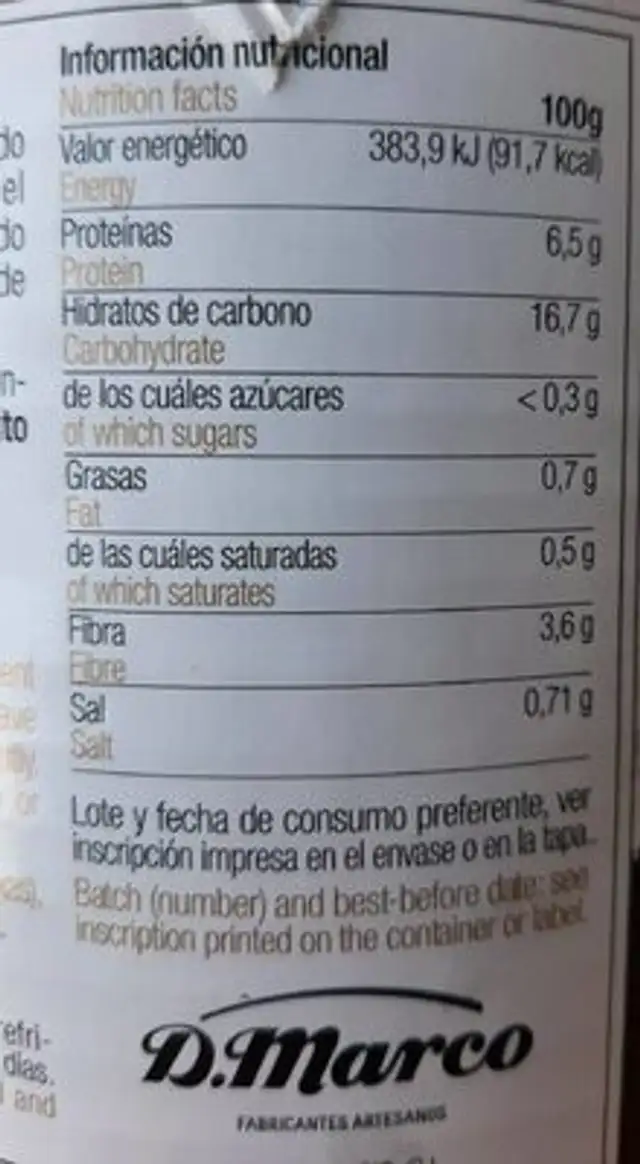 Potxas (alubias blancas) nutrition facts table