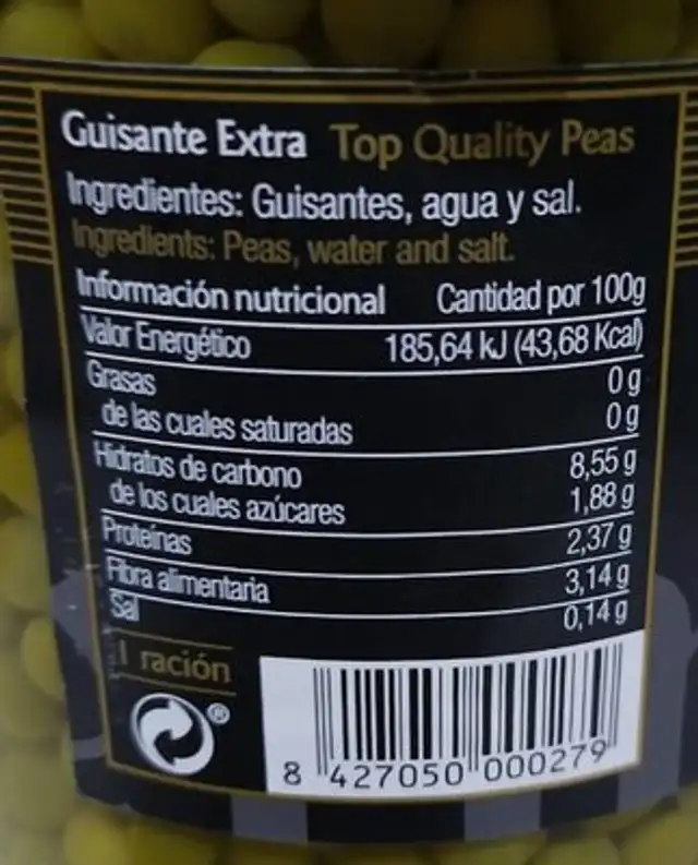 Guisantes nutrition facts table