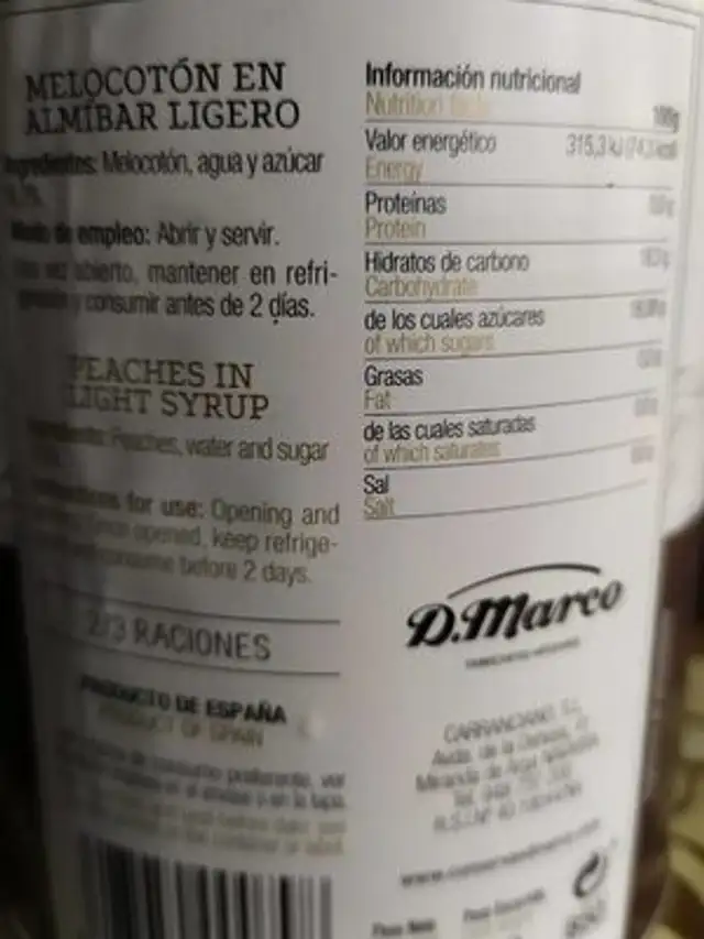 MELOCOTON EN ALMIBAR LIGERO nutrition facts table