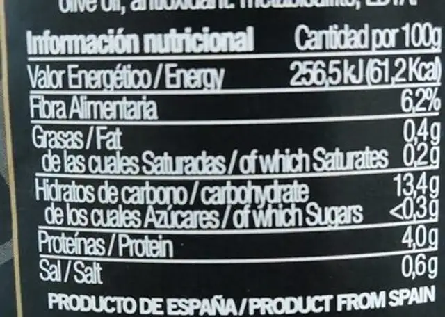 Potxas del hortelano nutrition facts table
