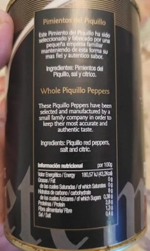 Pimientos del piquillo nutrition facts table