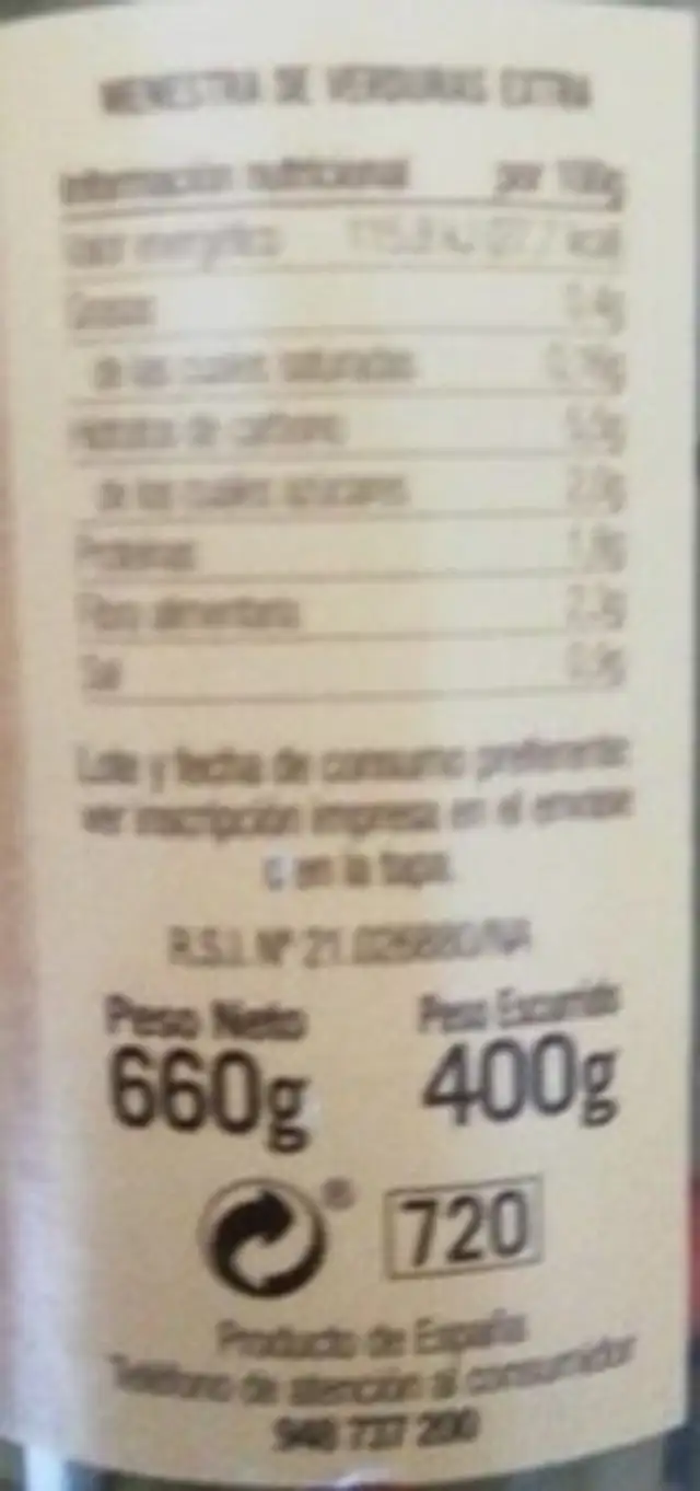 Menestra de verduras extra nutrition facts table