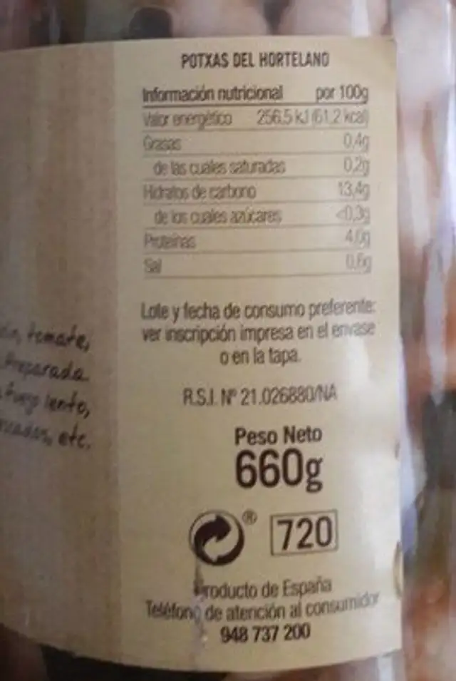 Potxas del hortelano nutrition facts table