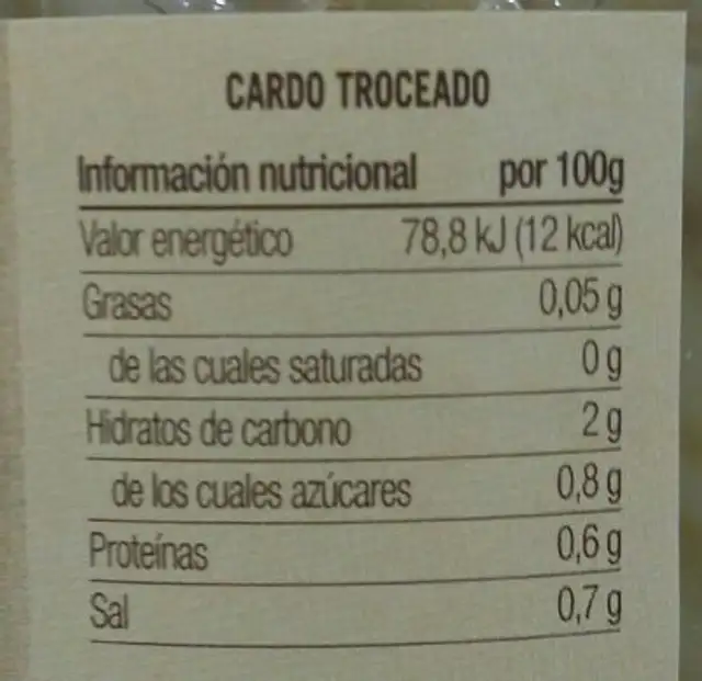 Cardo troceado Lararrica nutrition facts table