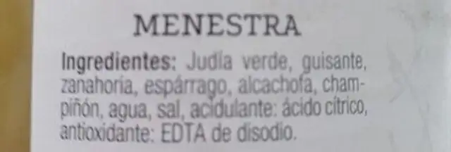 Menestra de verduras ingredients label