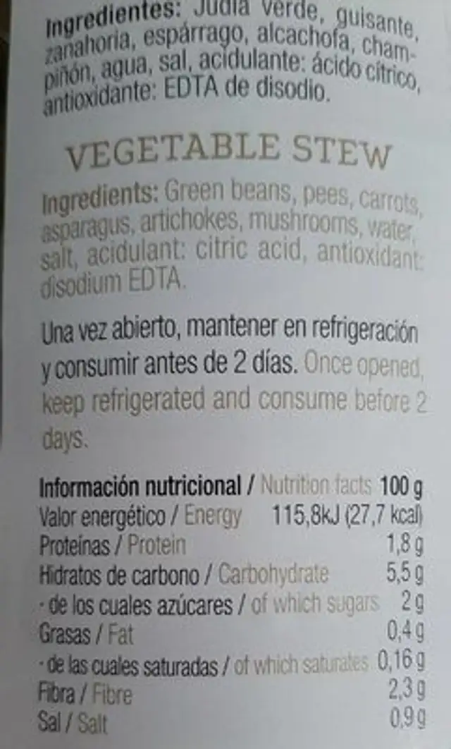 Menestra de verduras nutrition facts table