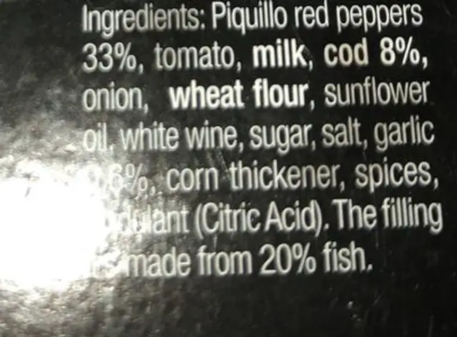 Pimientos del piquillo ingredients label