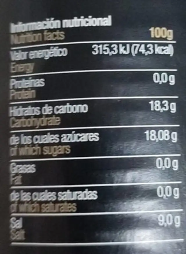 Melocotón en almíbar nutrition facts table