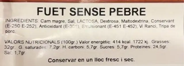 Fuet sense pebre nutrition facts table