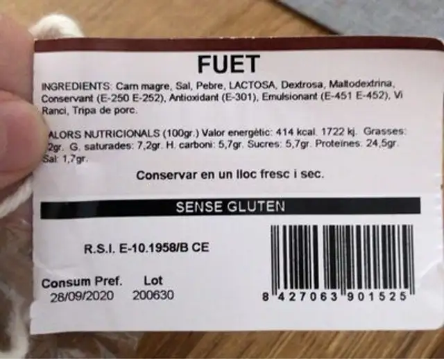 FUET Caus nutrition facts table