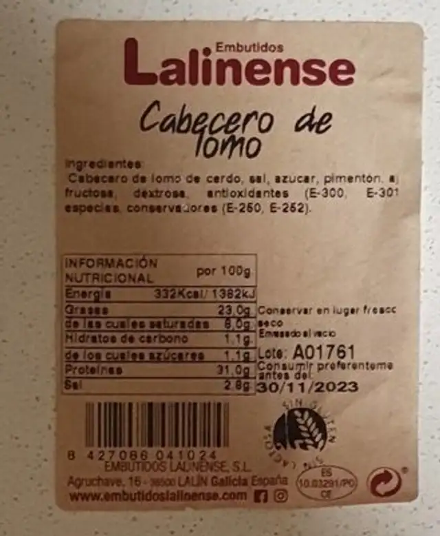 Cabecero de lomo nutrition facts table