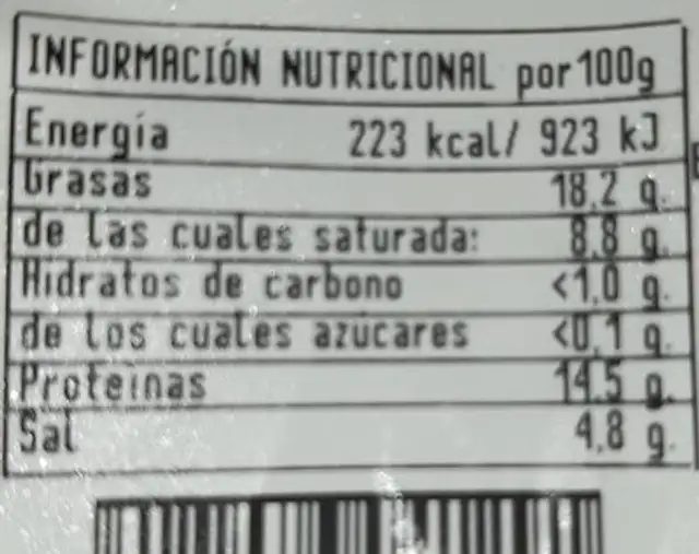 Lacón curado nutrition facts table