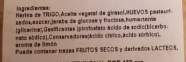 Bizcocho casero ingredients label